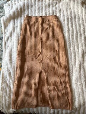 Free People Ribbed Knit Midi Skirt in Camel